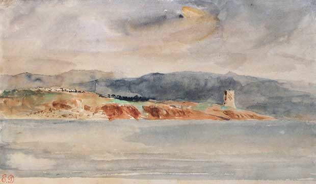 Eugène Delacroix, Paysage marocain, aquarelle gouachée, 14,5 x 24 cm, proposé à la vente par la galerie De Bayser. Estimation : 150 000€