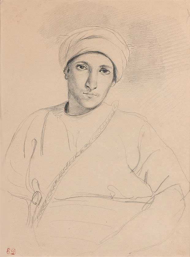 Eugène Delacroix, Portrait de jeune homme au turban, crayon noir et estompe, 27,5 x 20,5 cm, proposé à la vente par la galerie De Bayser