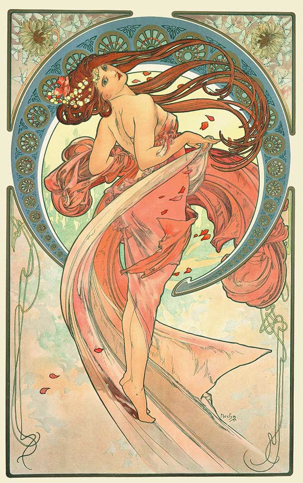 Alfons Mucha, Les Arts : la danse, 1898, lithographie en couleur, 60 x 38 cm, Prague, Fondation Mucha.