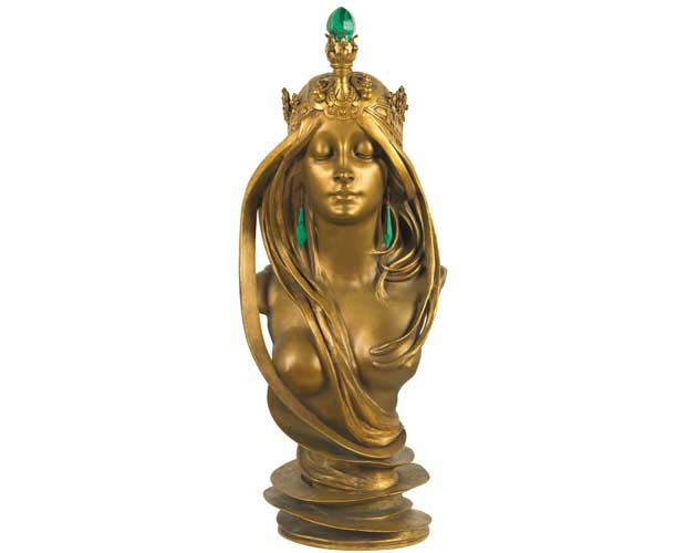 Alfons Mucha, La Nature, divinité païenne, 1899-1900, bronze doré, ornements en malachite, H.70 cm, dépôt de la Région Bruxelles-Capitale ©Musées royaux de Bruxelles