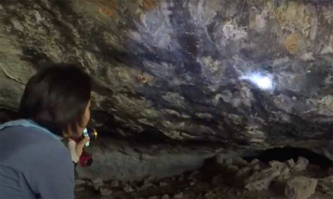 Kanniga Premjai éclairant les peintures rupestres d’une des grottes du parc Sam Roi Yot en Thaïlande. Capture vidéo « Thai archaeologists hunt ancient artwork » de PressTV Channel.