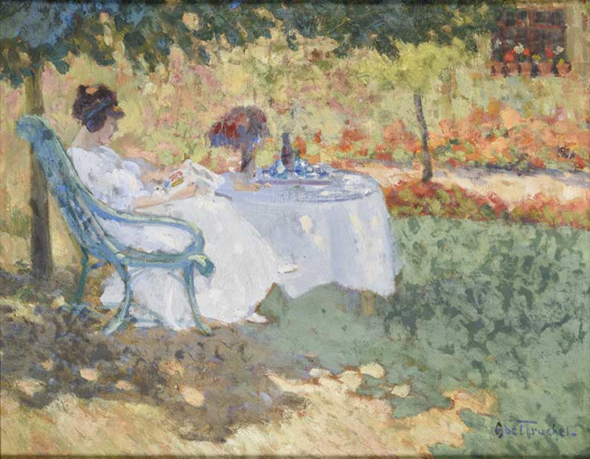 Louis Abel-Truchet (1857-1918), Femme au jardin lisant, huile sur isorel, 32,4 x 40,9 cm ©Galerie Alexis Bordes