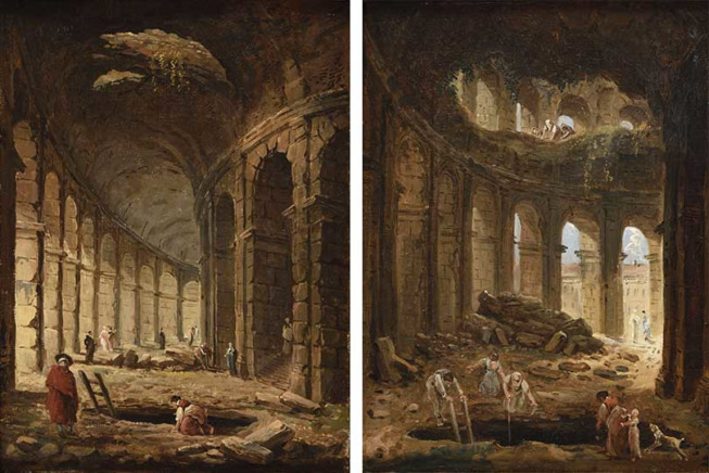 Hubert Robert (1733-1808), Les Souterrains du Colisée et La Visite sous les voûtes du Colisée, vers 1765, huiles sur toile, 32 x 24 cm chaque ©Galerie Alexis Bordes